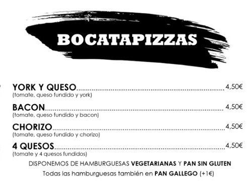 Sección Bocatapizzas de la carta de Hermán