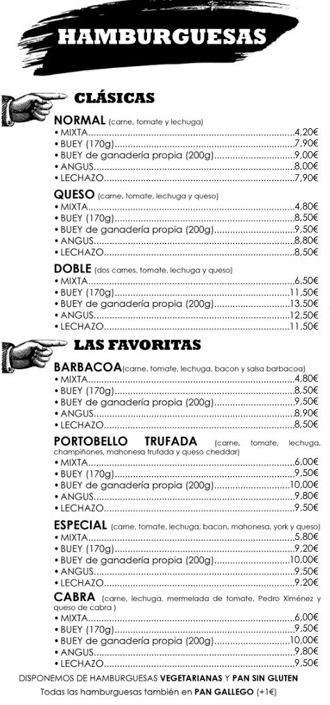Sección Hamburguesas de la carta de Hermán